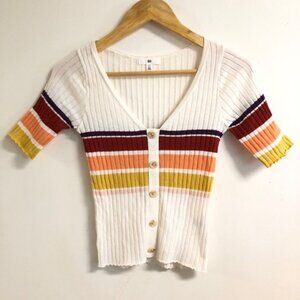 Retro Striped Button Up Short Sleeve Cardigan